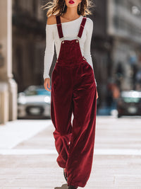 Burgundy Corduroy Overalls With White Off-Shoulder Top