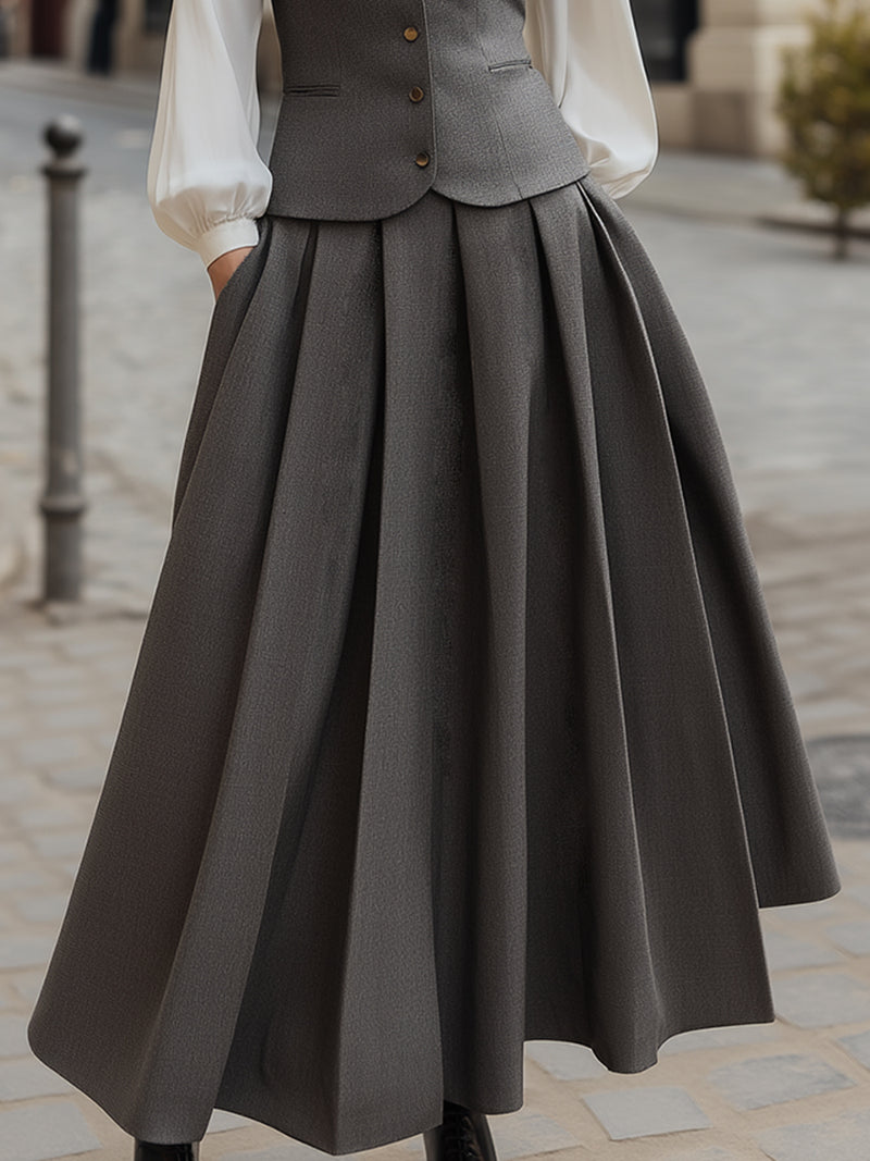 Structured Gray Tank, Pleated Maxi Skirt, And Off-White Base Three-Piece Set