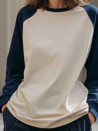 Navy And Cream Contrast Raglan Long-Sleeve Top