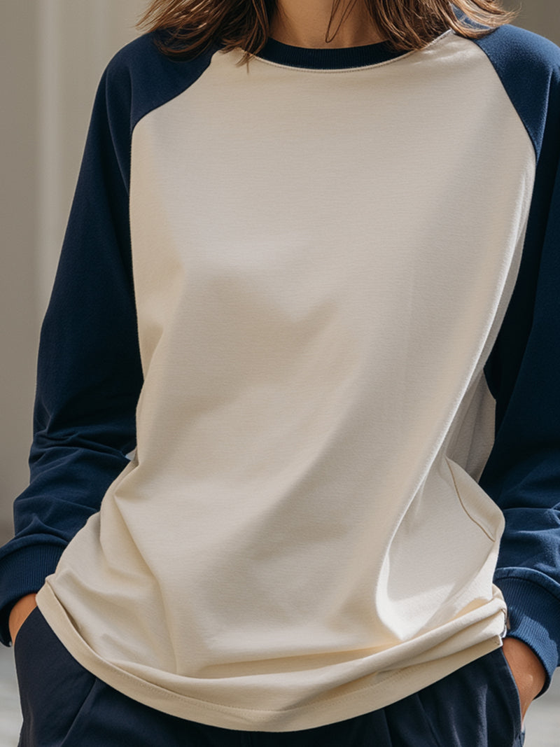 Navy And Cream Contrast Raglan Long-Sleeve Top