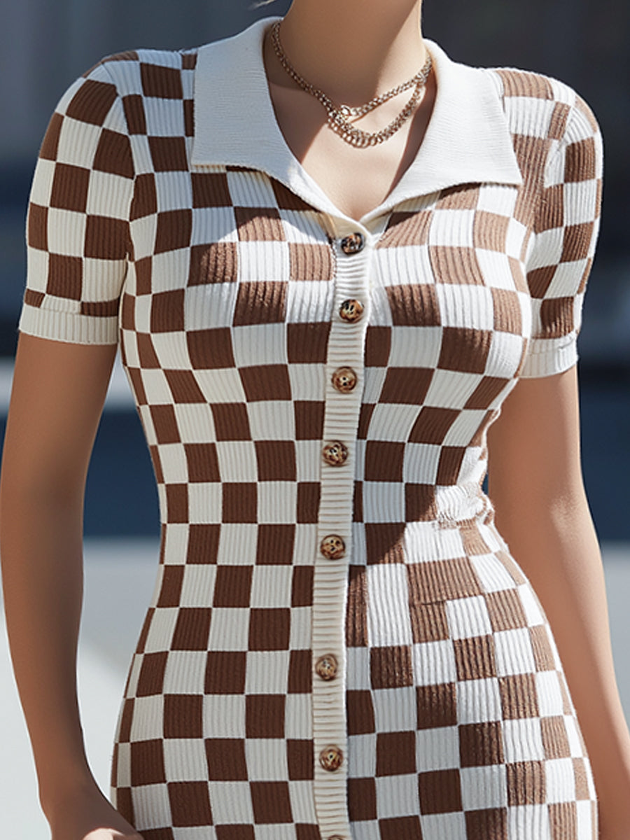 Checkerboard Button-Front Knit Midi Dress