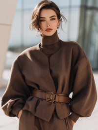 Mocha Color Belted Structured Jacket With Belt