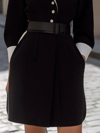 Black Textured Belted Dress With Contrast Collar
