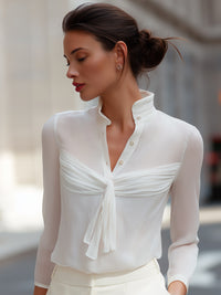 White Pleated Front Button-Up Blouse