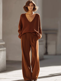 Chestnut V-Neck Knit Top And Wide-Leg Pants Set