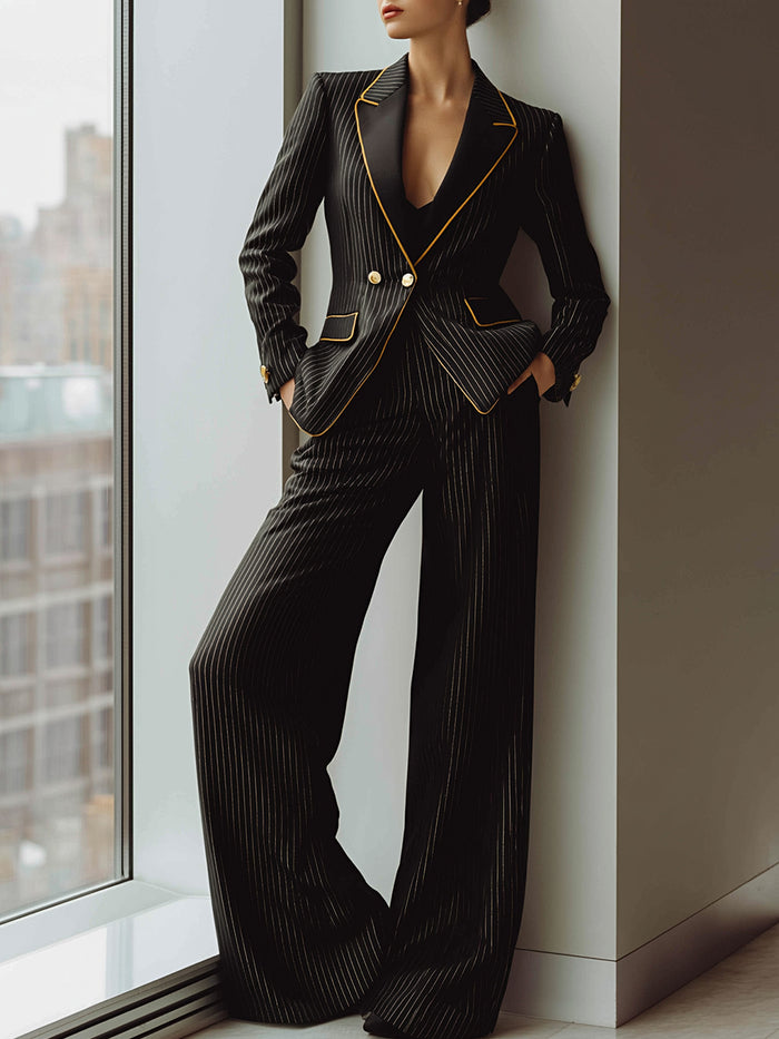 Black Pinstripe Tailored Blazer And Wide-Leg Pants Set With Golden Accents