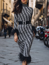 Elegant Feather-Trimmed Knit Midi Dress With Belt
