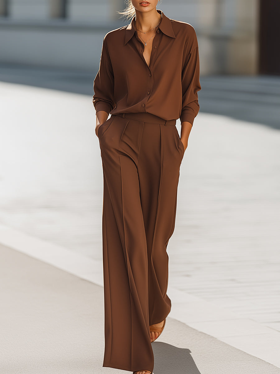Brown Satin Button-Up Shirt And Wide-Leg Trouser Set
