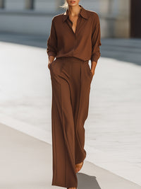 Brown Satin Button-Up Shirt And Wide-Leg Trouser Set