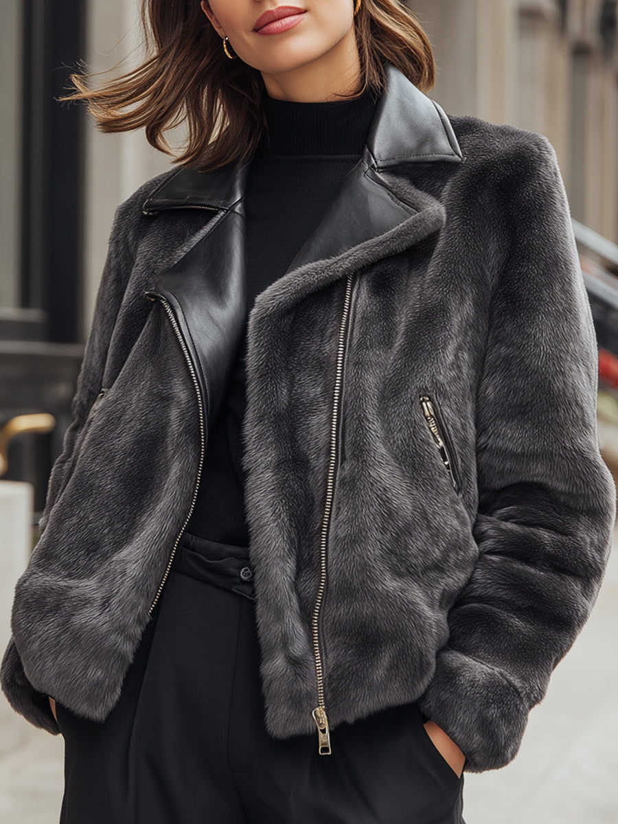 Charcoal Faux Fur Moto Jacket With Leather Lapel