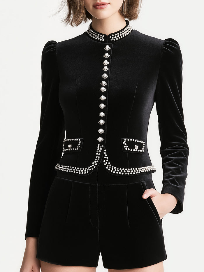 Velvet Pearl-Embellished Tailored Jacket