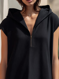 Textured Hooded Zip-Front Sleeveless Mini Dress