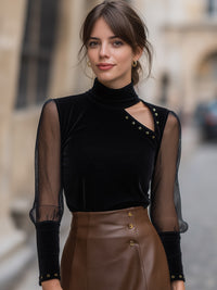 Black Velvet Mesh Sleeve Top With Asymmetric Cutout