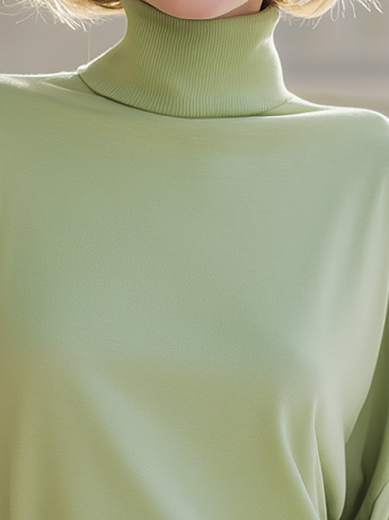 Pistachio Balloon-Sleeve Turtleneck Blouse