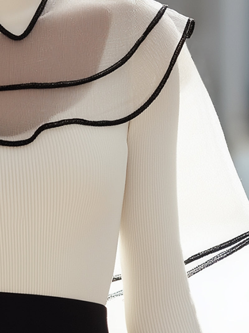 Solid Color Perspective Stitching Ruffled Shawl Knitted Shirt