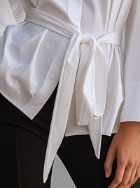 Elegant White Kimono-Sleeve Belted Blouse