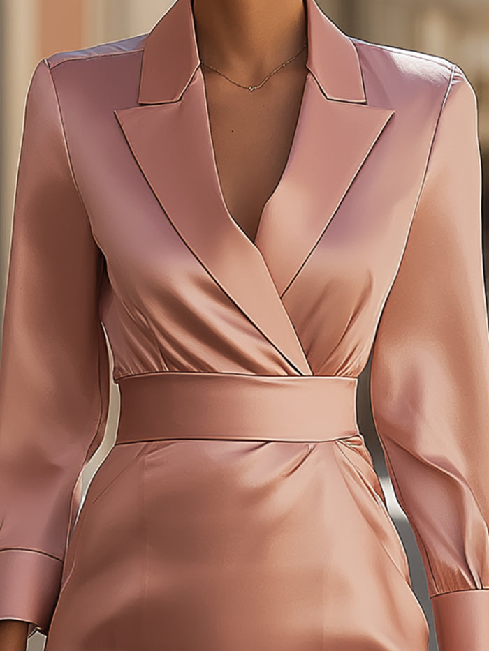Satin Wrap Lapel Midi Dress