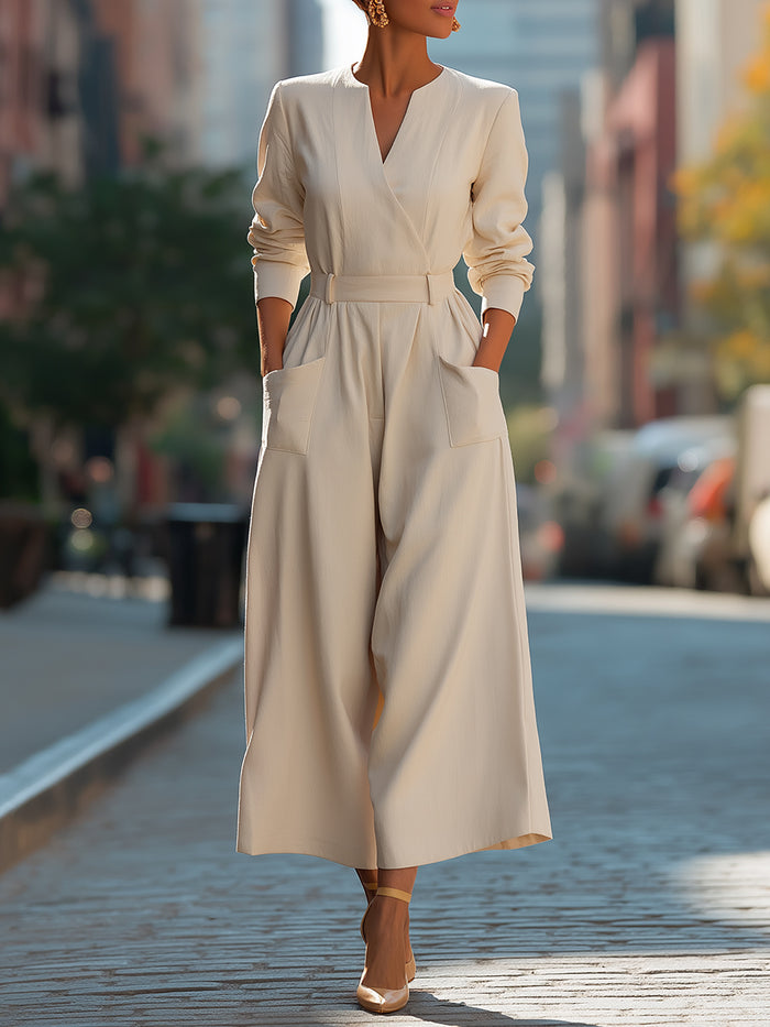 Belted Wide-Leg V-Neck Jumpsuit With Structured Sleeves