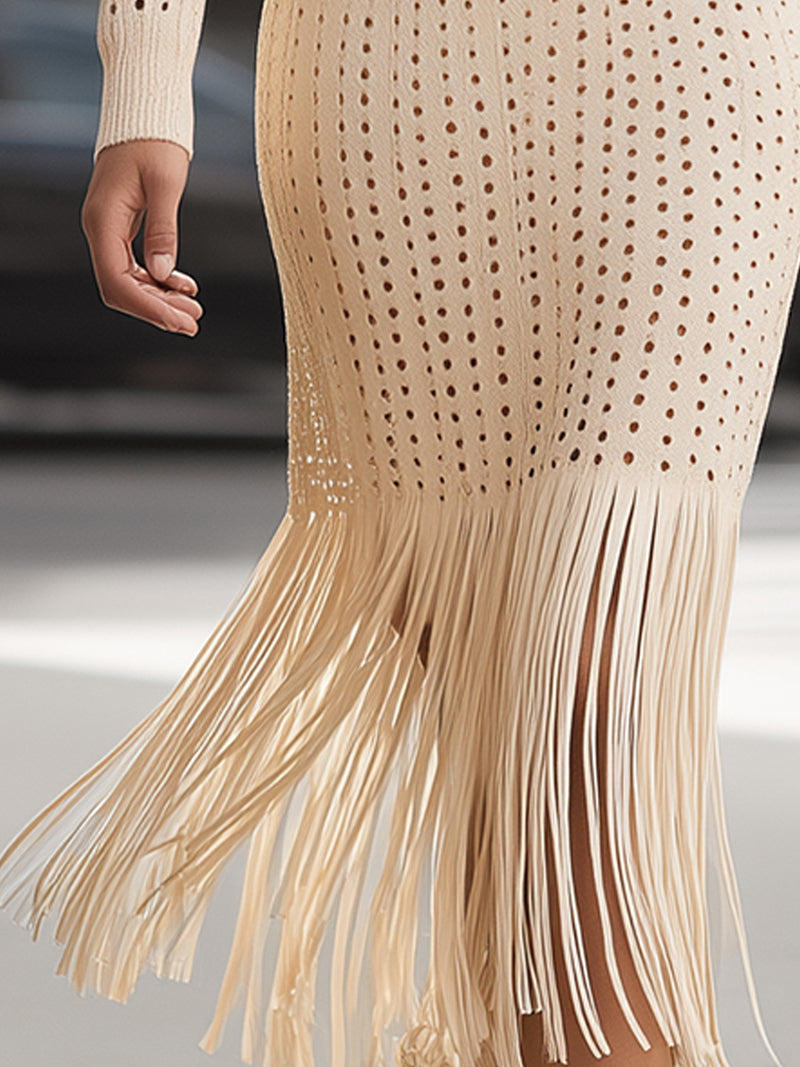 Ivory Knit Fringe Midi Dress