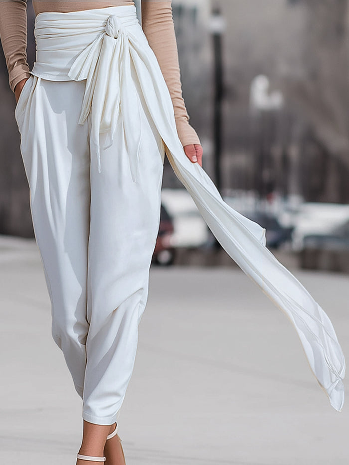 High-Waist Draped Tie-Detail Tapered Pants