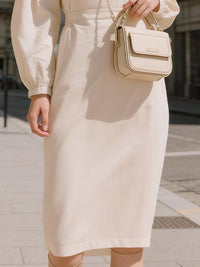 Ivory High-Neck Puff Sleeve Tailored Midi Dress