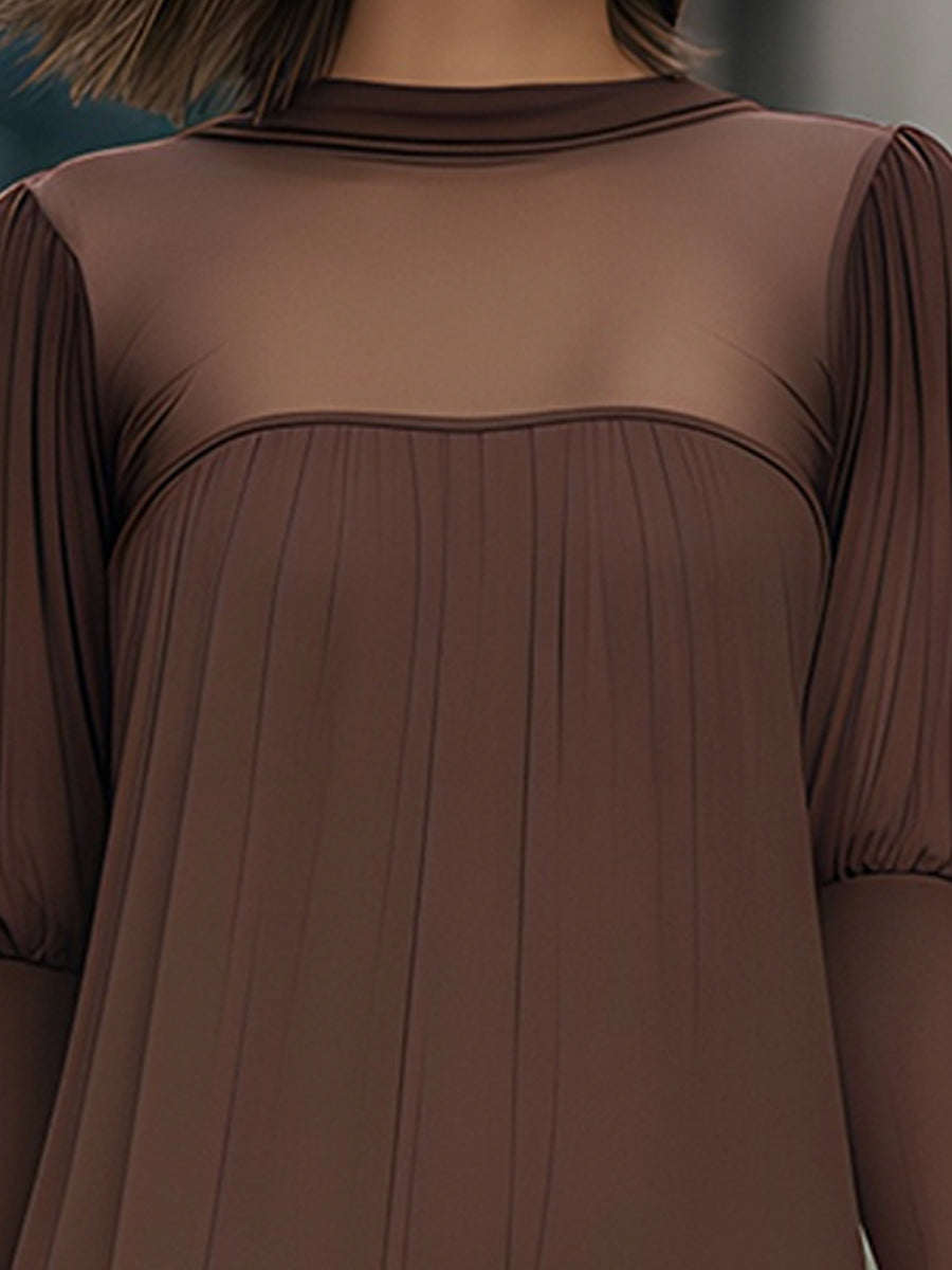 Sheer Yoke Pleated Long Sleeve Midi Dress With Soft Balloon