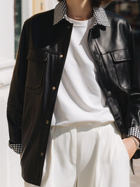 Black Faux Leather Jacket With Gingham Check Collar