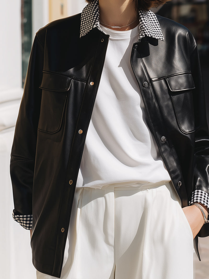 Black Faux Leather Jacket With Gingham Check Collar