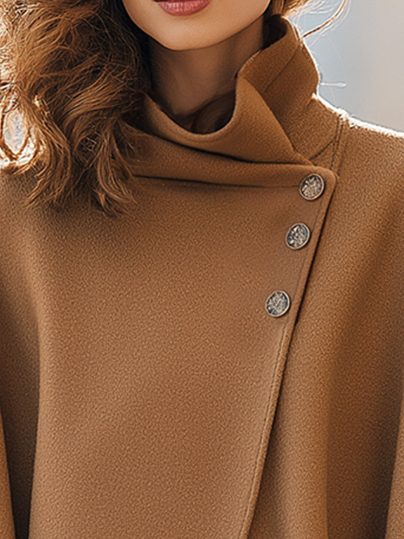 Camel Asymmetric Wool Cape With Button Detail