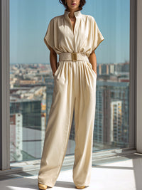 Draped Stand-Collar Top & Wide-Leg Pants Tailored Set