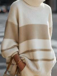 Beige And Ivory Striped Turtleneck Sweater
