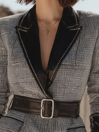 Houndstooth Faux Leather Trimmed Belted Blazer