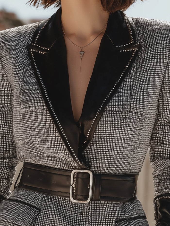 Houndstooth Faux Leather Trimmed Belted Blazer