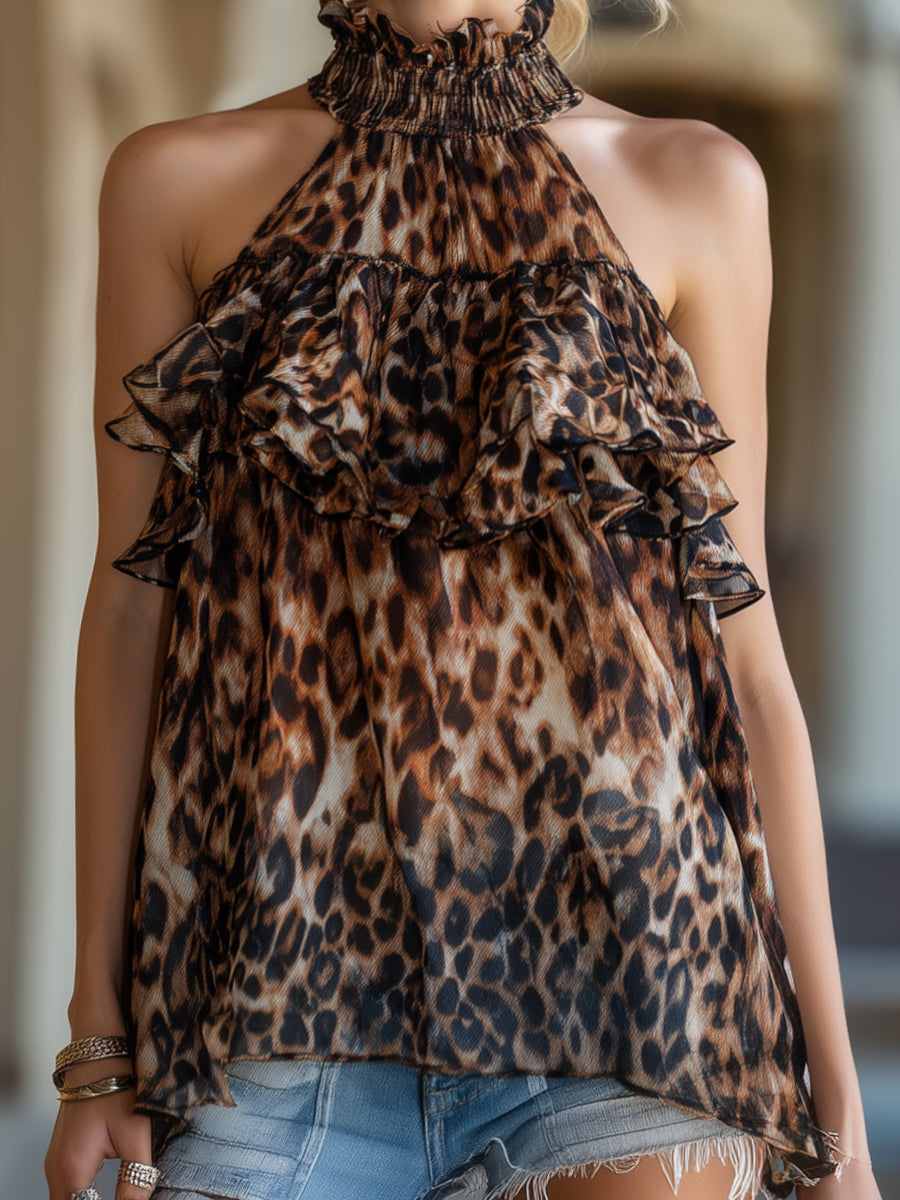 Leopard Print Ruffled High-Neck Halter Blouse