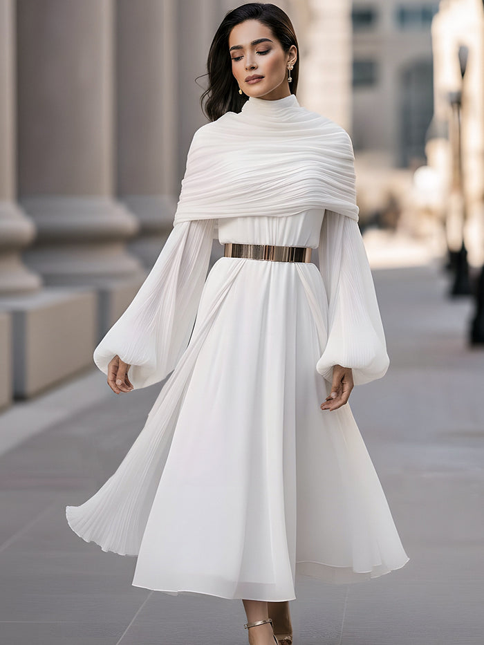 Elegant Draped High-Neck Chiffon Midi Dress With Pleated Cape Detail