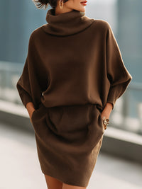 Coffee Brown Turtleneck Batwing Knit Dress