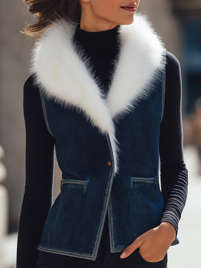 Denim Luxe Faux Fur Collar Vest