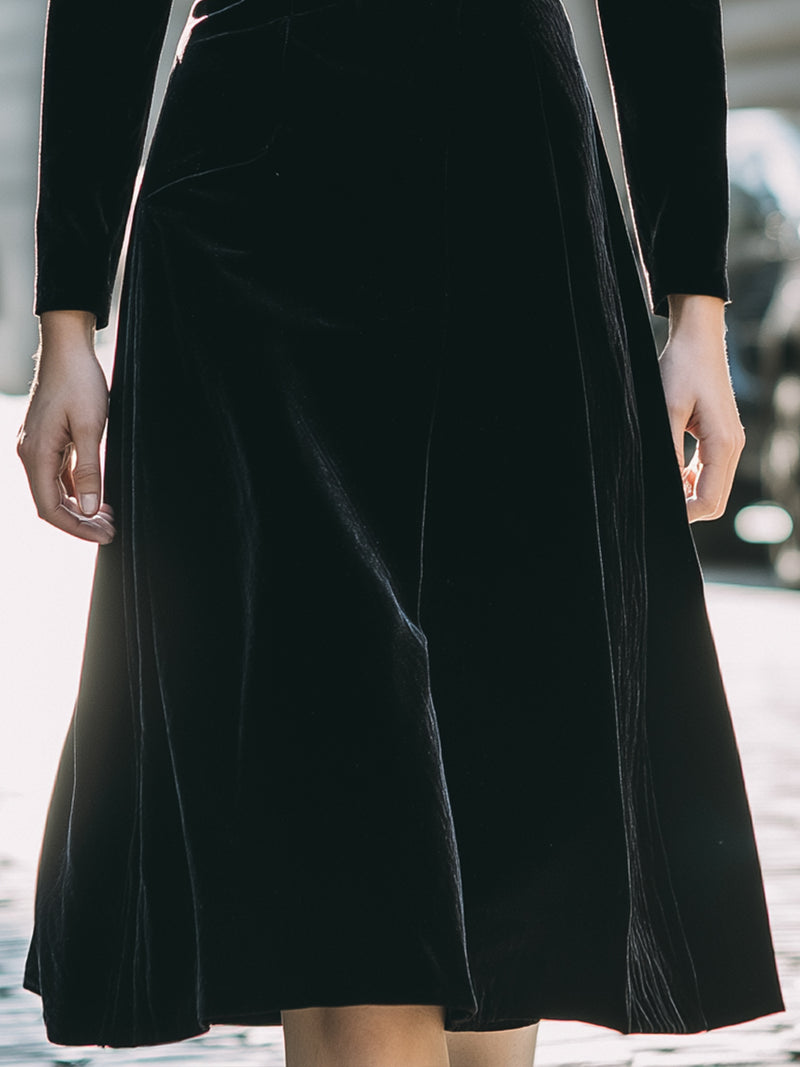 Velvet Midi Dress With Leather Lapel