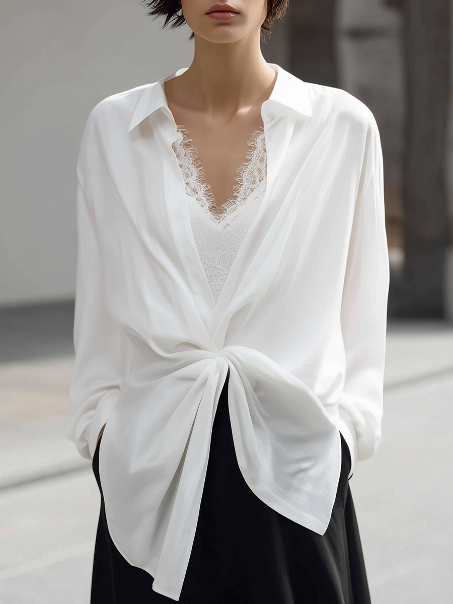 Draped Knot-Front Sheer Chiffon Blouse With Lace Camisole