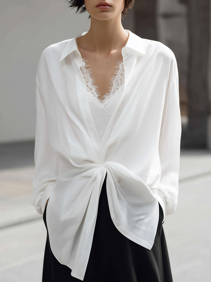 Draped Knot-Front Sheer Chiffon Blouse With Lace Camisole