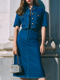 Cropped Denim Jacket & High-Waist Pencil Skirt Set