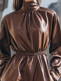 Chestnut Faux Leather High-Neck Midi Dress