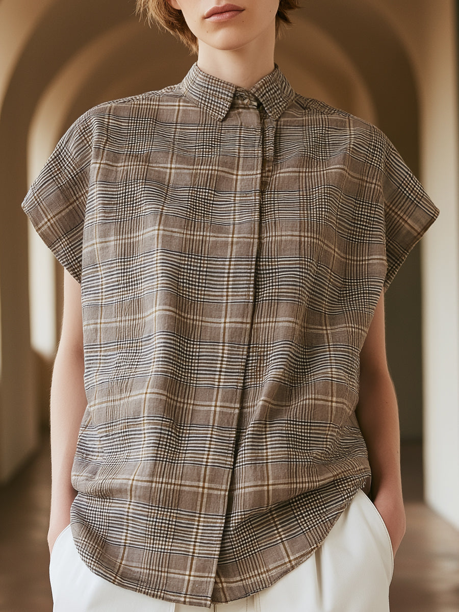 Sleeveless Plaid Button-Up Blouse