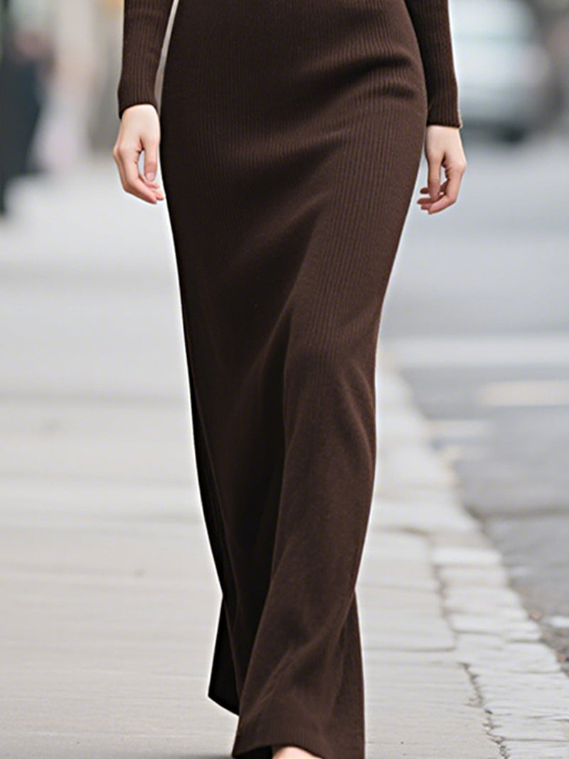 Chocolate Brown Ribbed Knit Maxi Dress With Asymmetrical Cape Detail