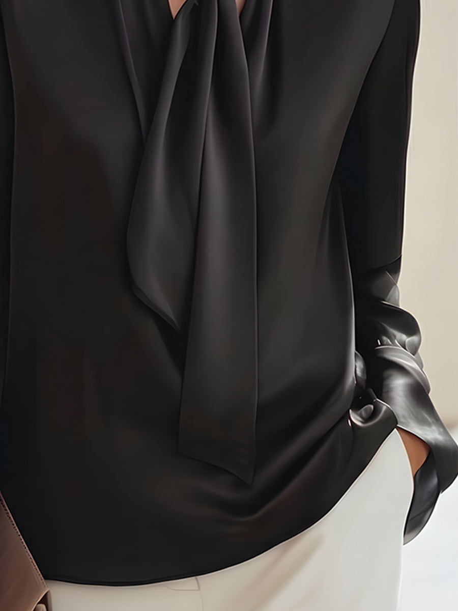Elegant Black Tie-Neck Satin Blouse