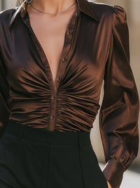 Chocolate Satin Ruched Button Blouse