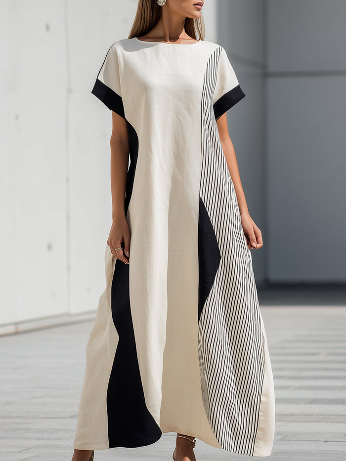 Color-blocked Short-sleeved Square-neck Slim A-line Midi Dress