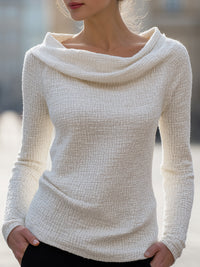 Cream Textured Knit Top With Draped Collar