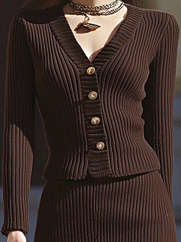Chocolate Brown Ribbed Knit Maxi Skirt Set