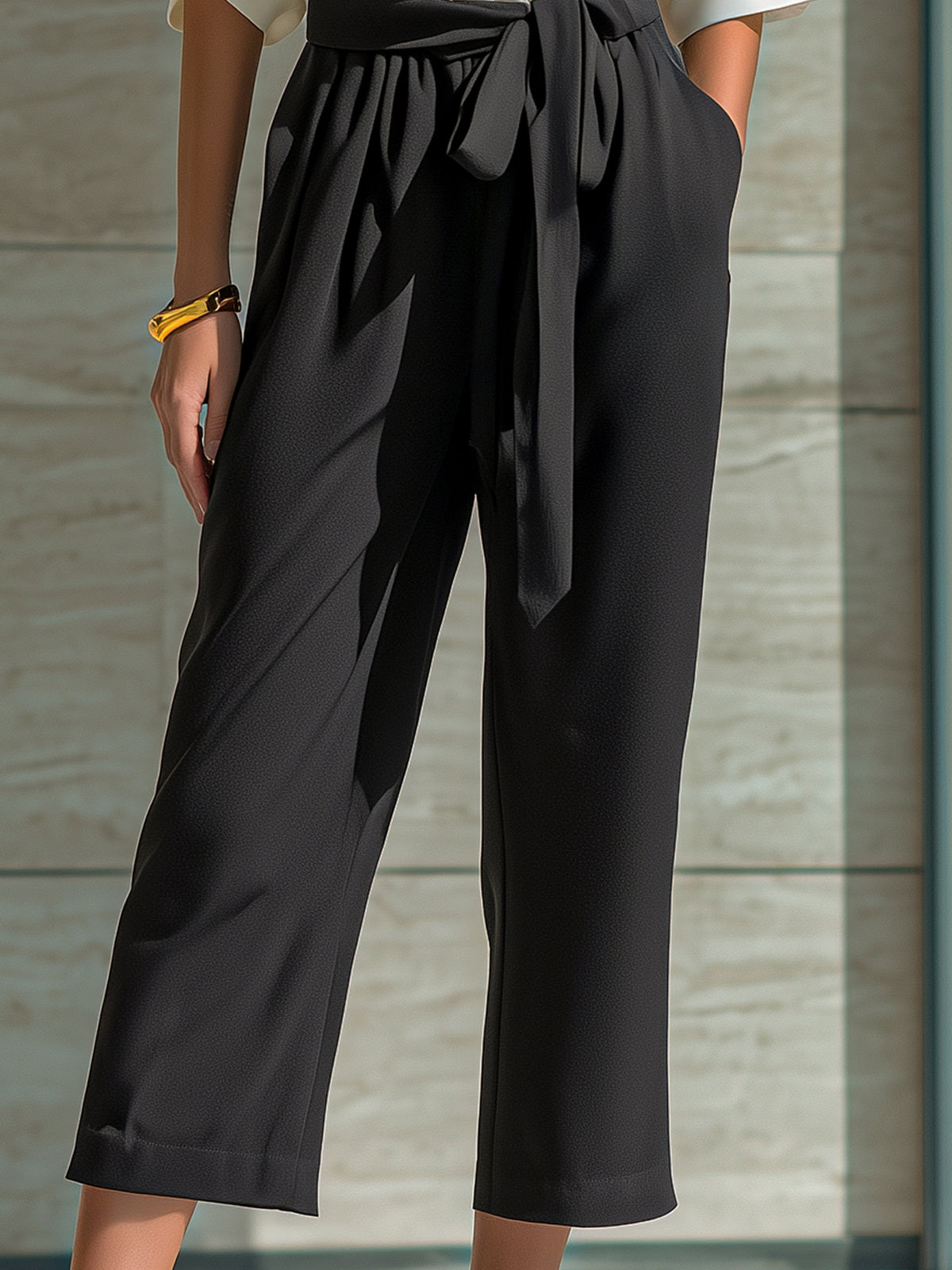 Draped Lapel Top & Tie-Waist Cropped Pants Set